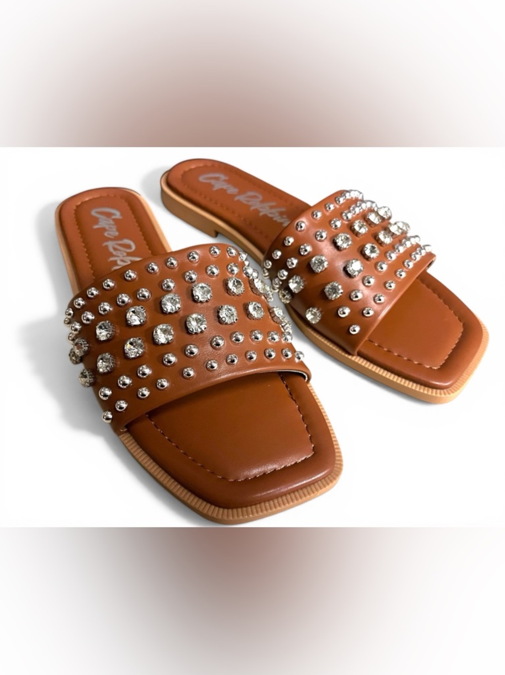 Cape Robbin Rhinestone Studded Slides Cognac Brown Sandals Size 6 NEW IN BOX